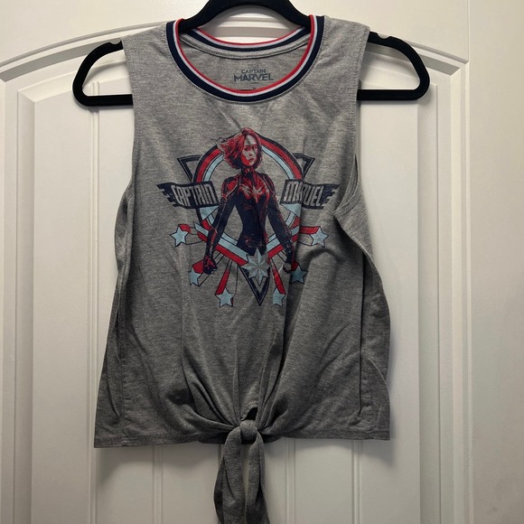 Captain Marvel Women’s Tie Front Hem Graphic Tank Top Size M Heather Gray Blue - Picture 2 of 5